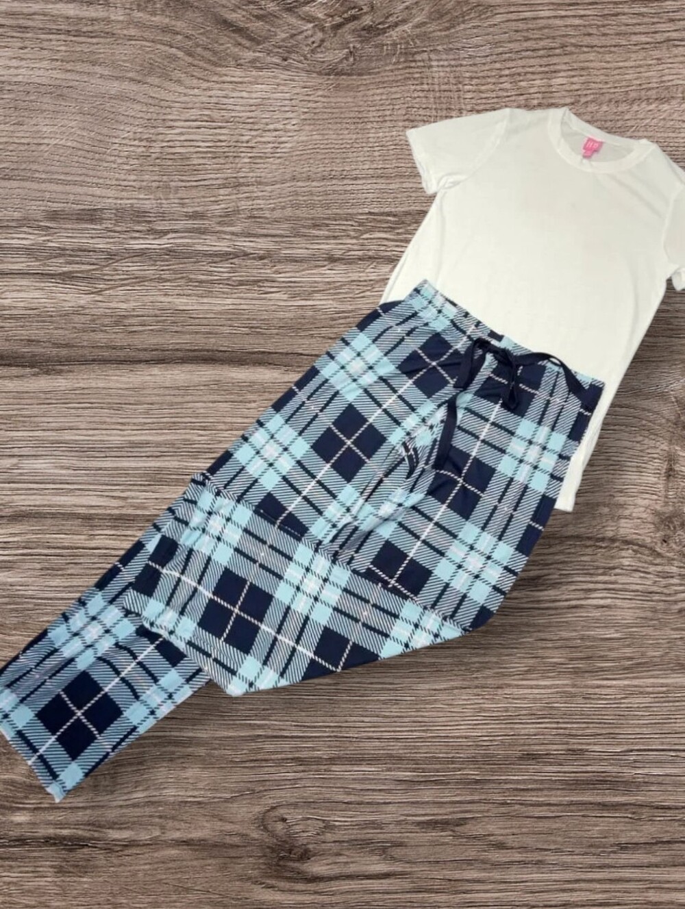 Hale Bob White Tee with Blue Plaid Pajama Pants